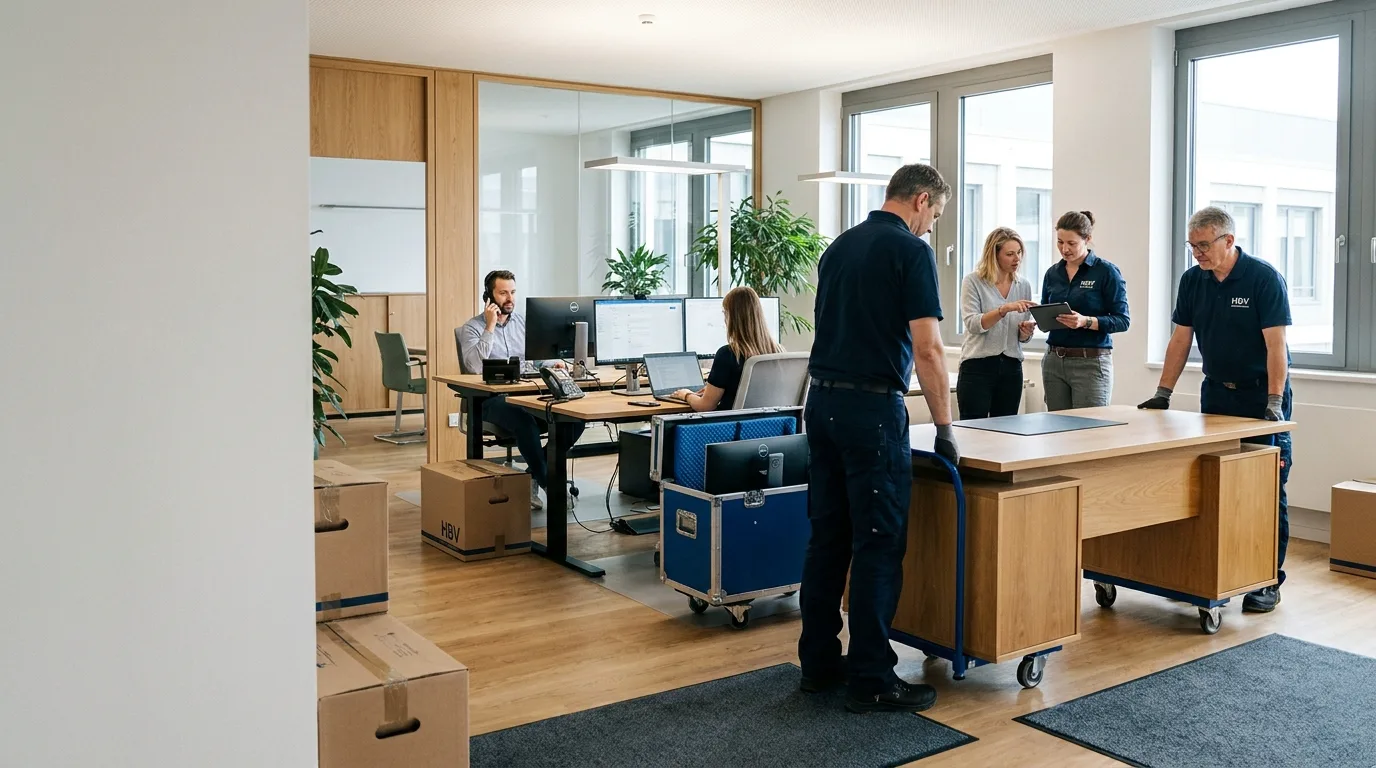HBV Mitarbeiter verpacken Büroausstattung und Technik für einen Firmenumzug.