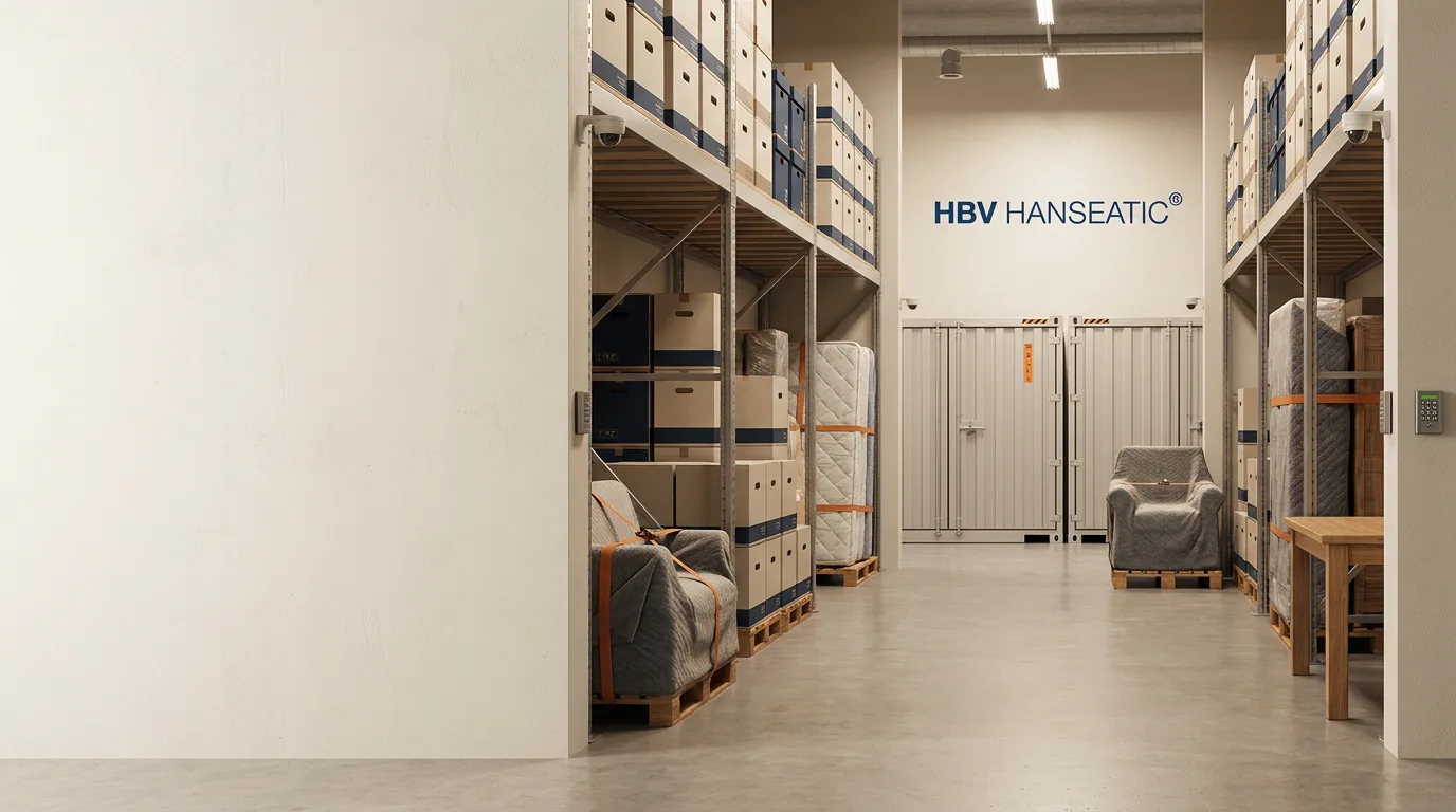 Gesicherte HBV Hanseatic Lagerfläche mit geschützten Möbeln und Kartons.