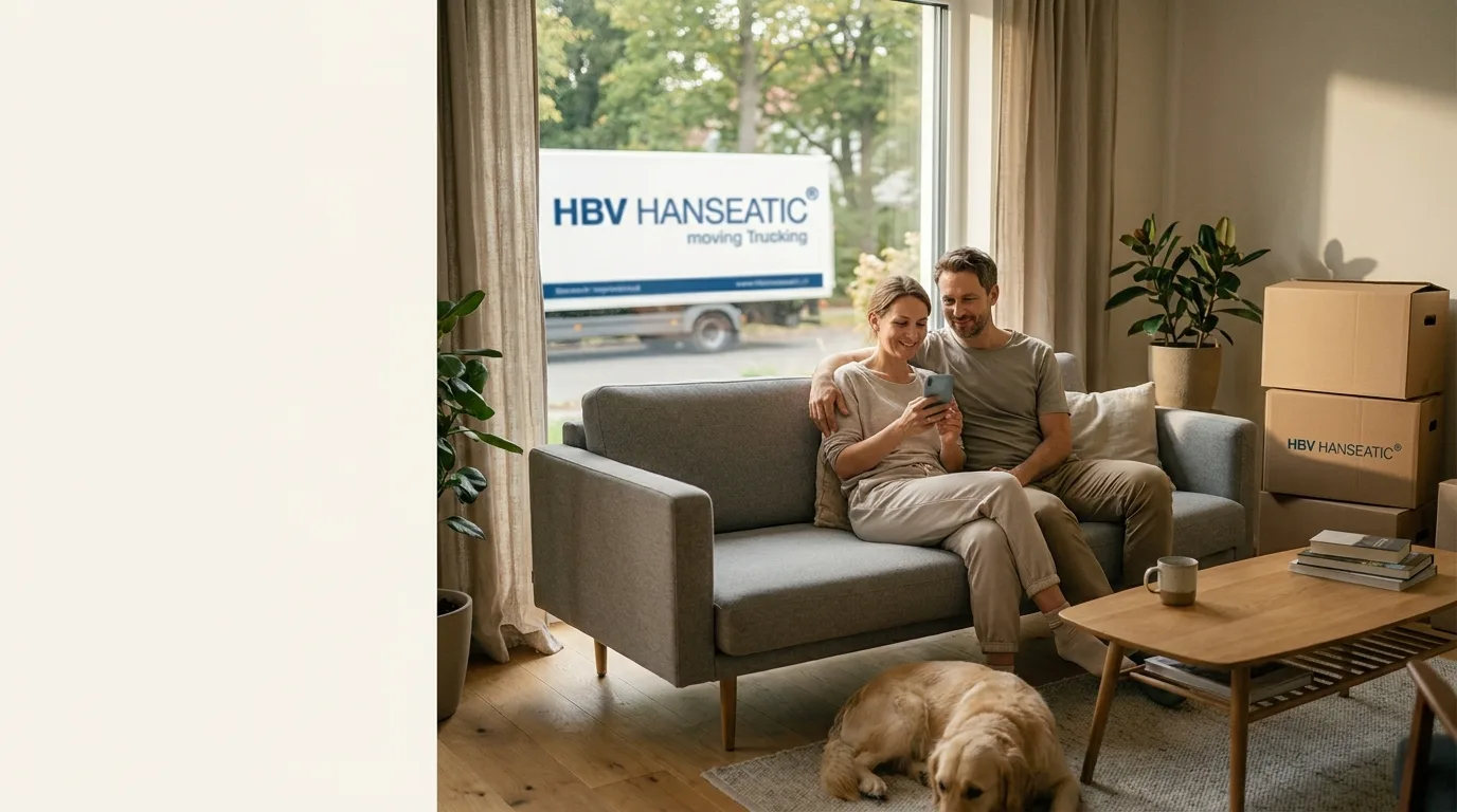 Paar sitzt entspannt auf dem Sofa im neuen Zuhause – mehr finanzieller Spielraum dank Mietkautionsversicherung.